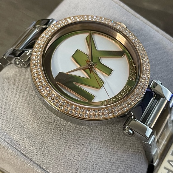 MICHAEL KORS Women's Parker Rose Gold/Silver Crystal Watch MK Logo MK6314 New! - Picture 8 of 10